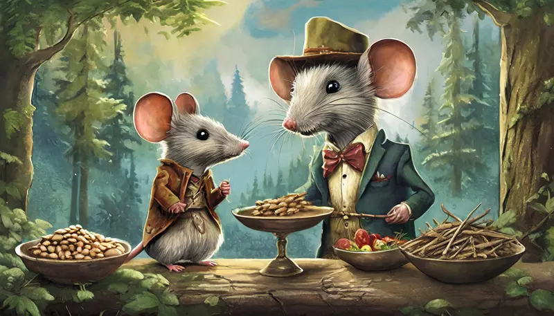 The country mouse offers her simple meal of roots and seeds to the town mouse, who looks unimpressed in his fancy clothes.
