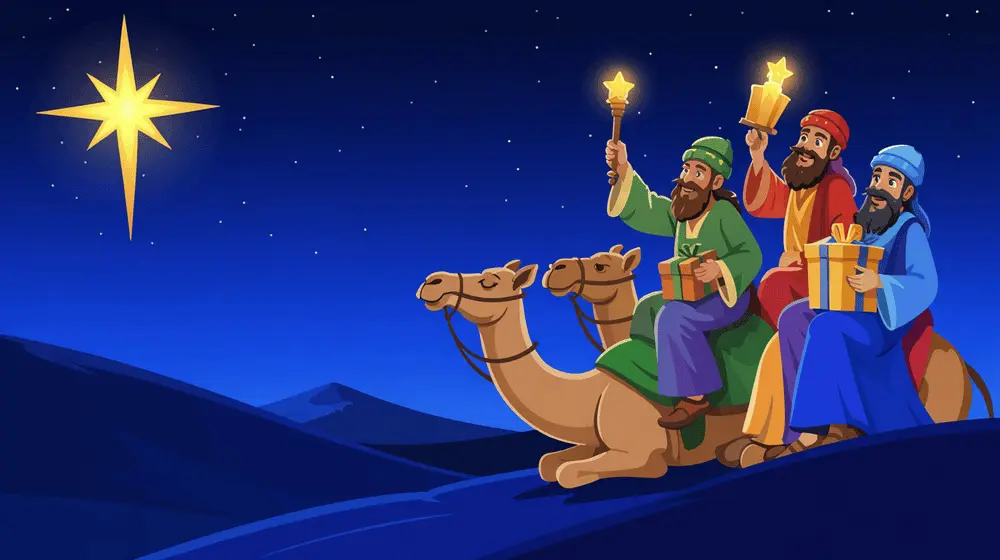 he wise men riding camels through the desert at night, following a glowing star.