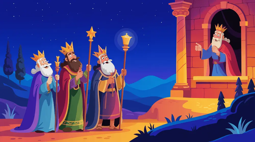 The wise men asking villagers about the new king while King Herod listens angrily.