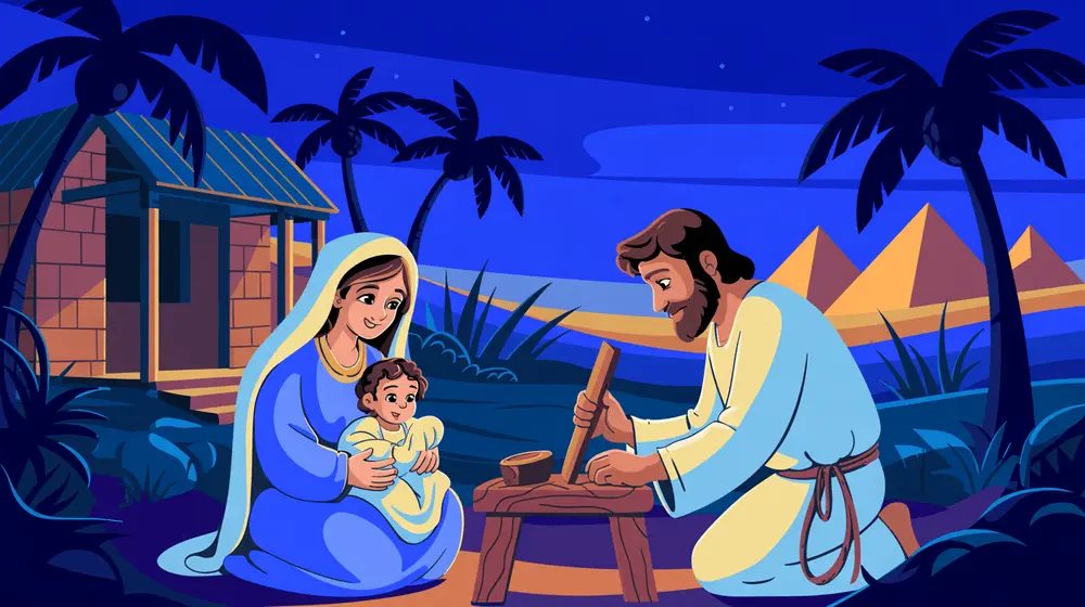 Mary, Joseph, and baby Jesus settle safely in Egypt with a small house and palm trees around them.