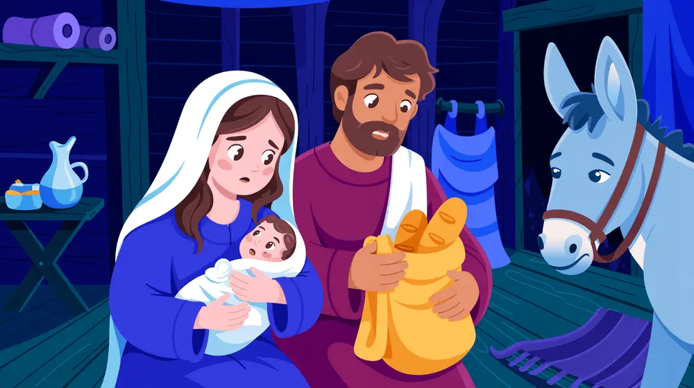 Mary wraps baby Jesus while Joseph gathers food and clothes for their escape.