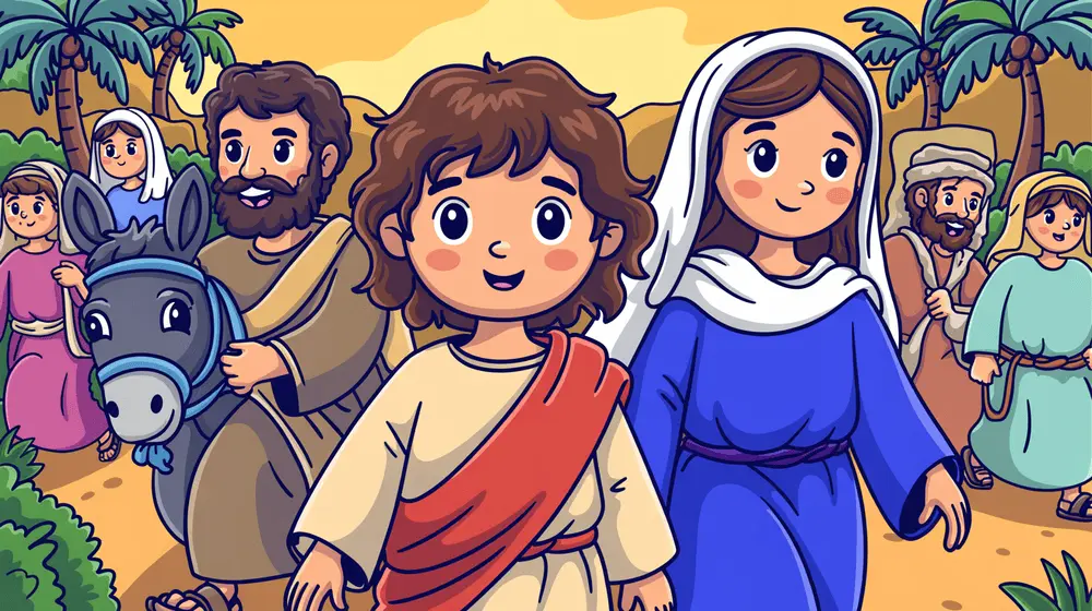 Mary, Joseph, and Jesus walking on a road to Jerusalem during Passover.