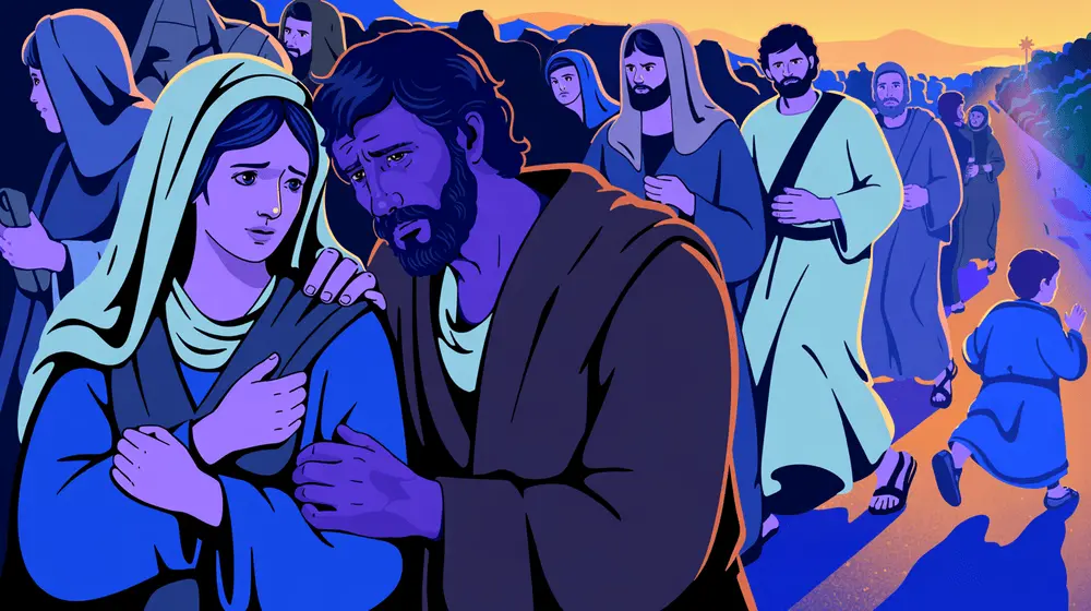 Mary and Joseph searching for Jesus in the crowd after the Passover.