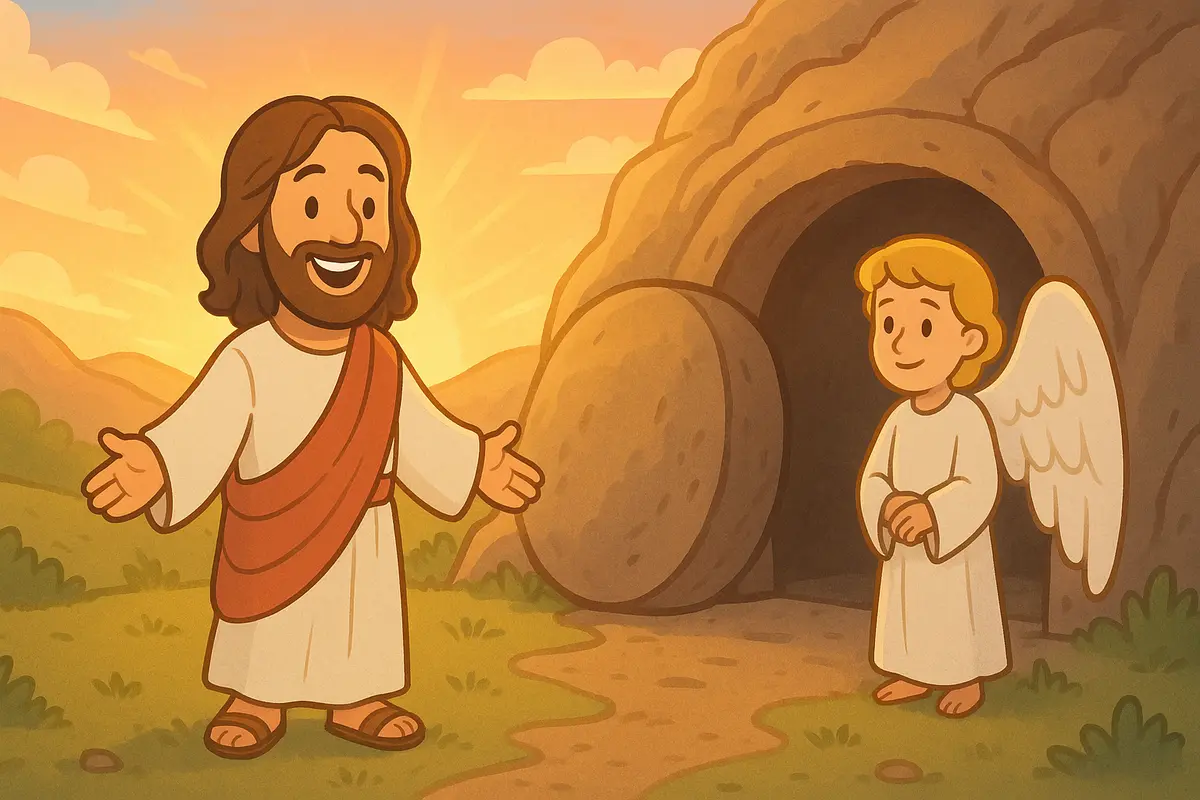 Jesus stands near the empty tomb