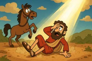 Saul falls off his horse as Jesus appears in a bright light