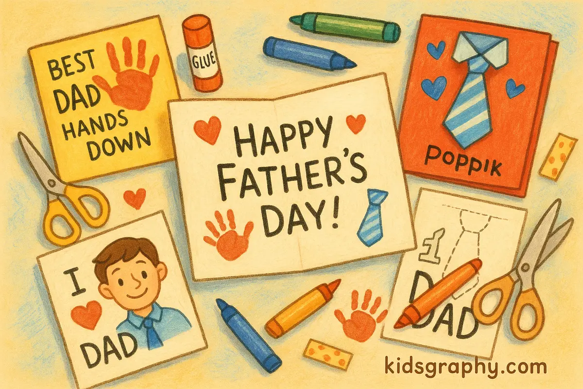 Father’s Day card ideas with handmade and printable designs surrounded by craft supplies
