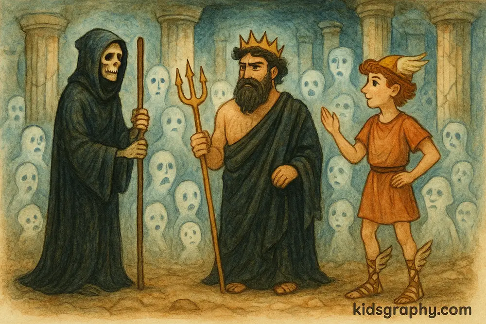 Charon with Hades and Hermes in the Greek underworld.