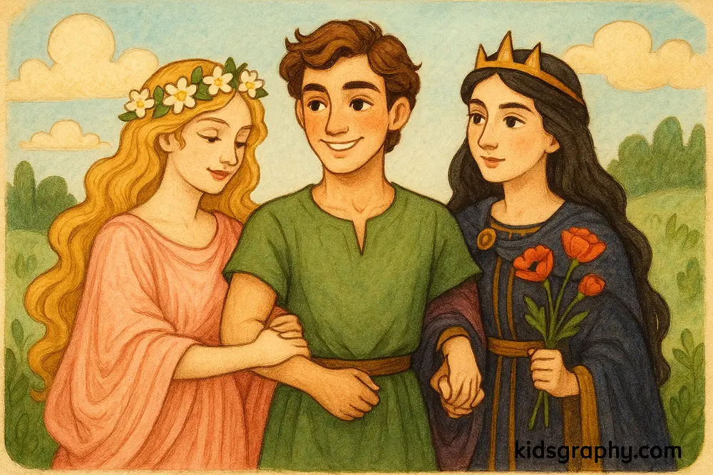 Adonis standing between Aphrodite and Persephone.