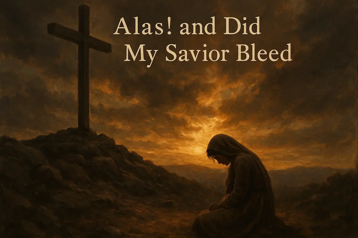 A realistic image of a wooden cross on a rocky hill at sunset, with a praying woman and stormy sky, inspired by the hymn “Alas! and Did My Savior Bleed”