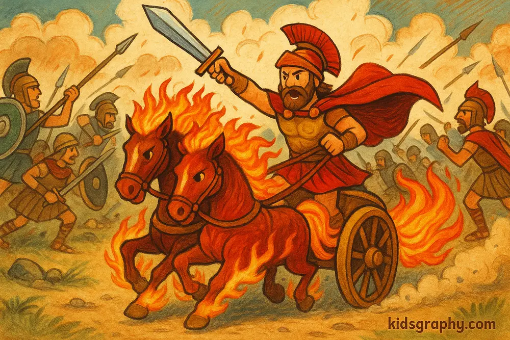 Ares leading troops in the Trojan War in Greek mythology.