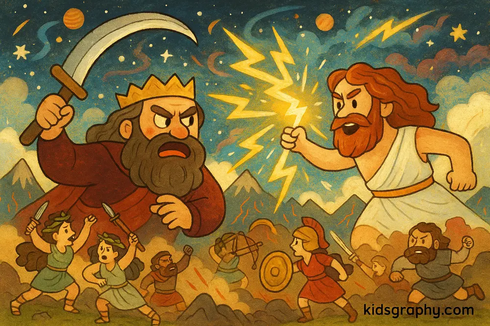 Titanomachy battle between Cronus and Zeus in Greek myth.