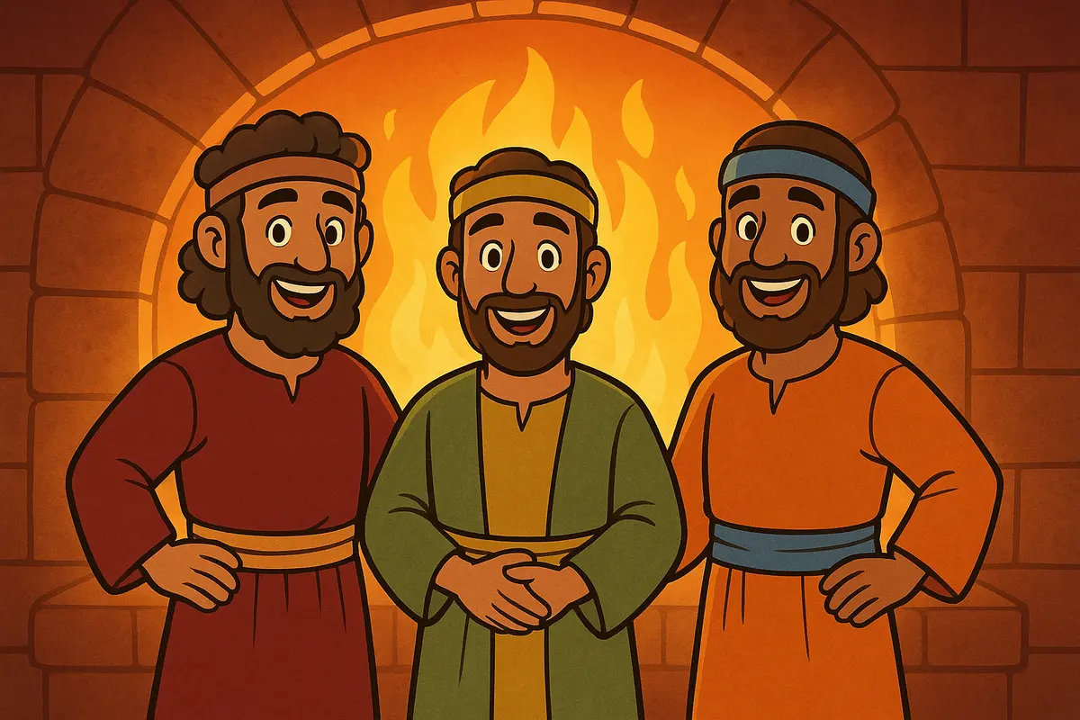 Three men stand safe near the fiery furnace
