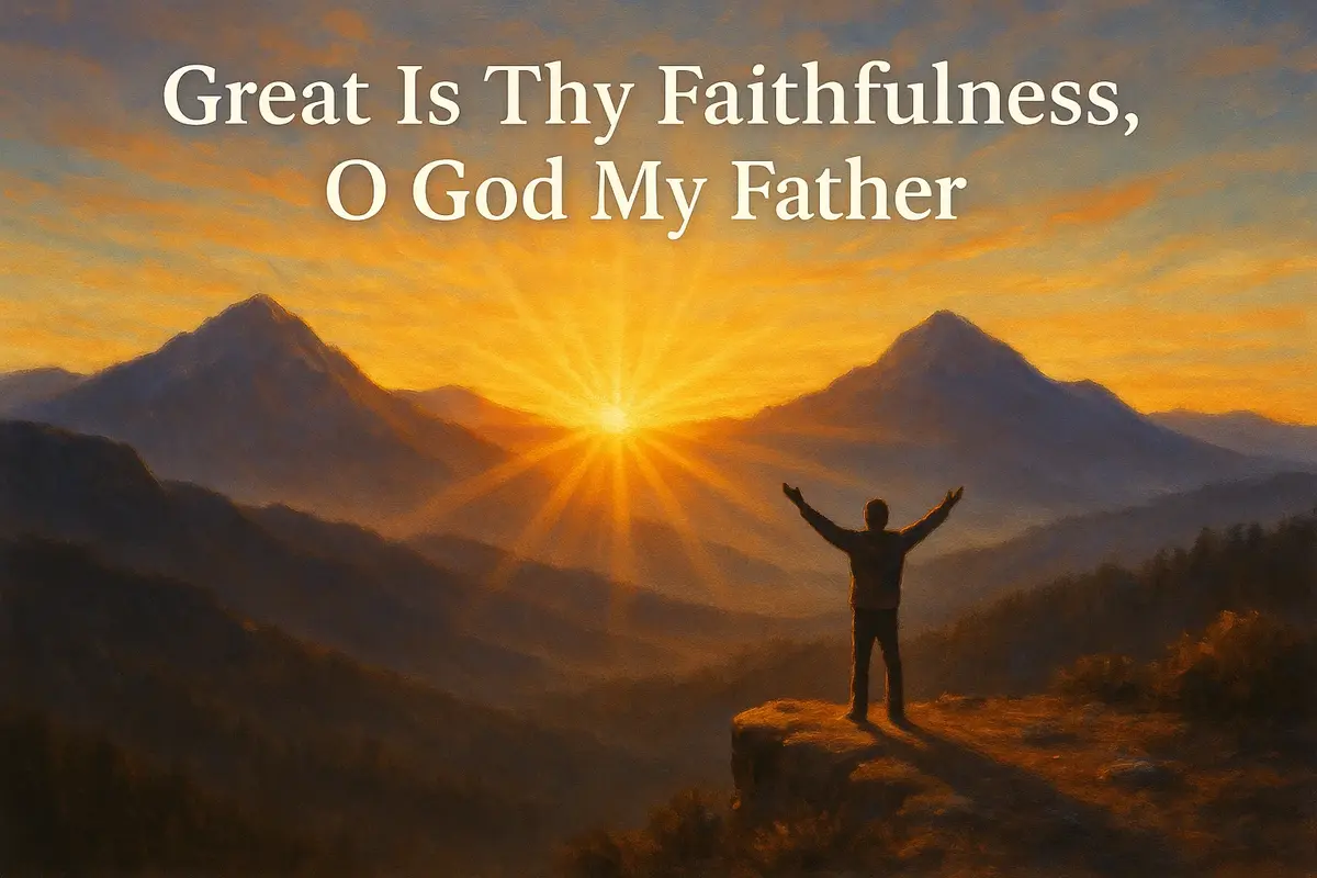 Sunrise over peaceful mountain range with person worshipping on a cliff and the quote “Great is Thy faithfulness, O God my Father.”