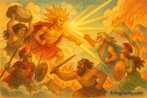Hyperion in battle during the Titanomachy in Greek mythology.