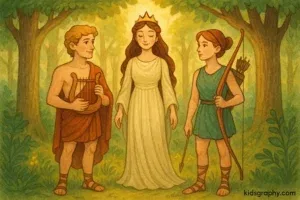 Leto with Apollo and Artemis in a forest setting.