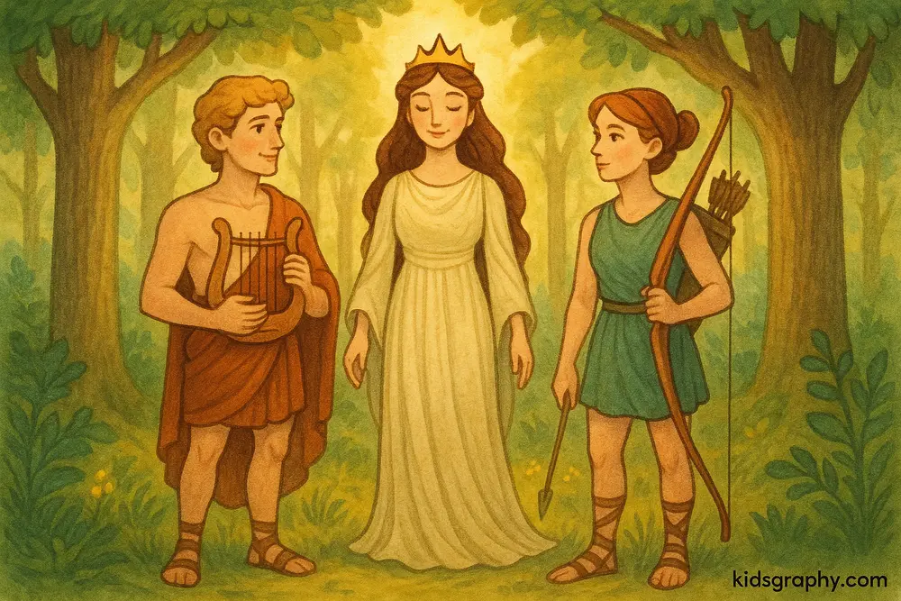 Leto with Apollo and Artemis in a forest setting.
