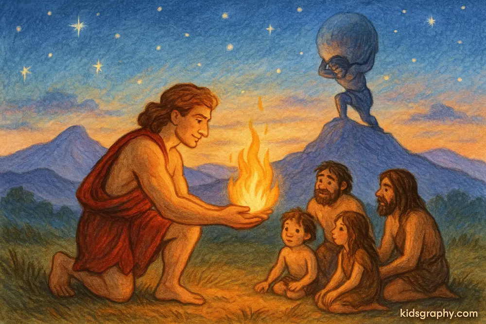 Prometheus giving fire and Atlas holding the sky in Greek mythology.