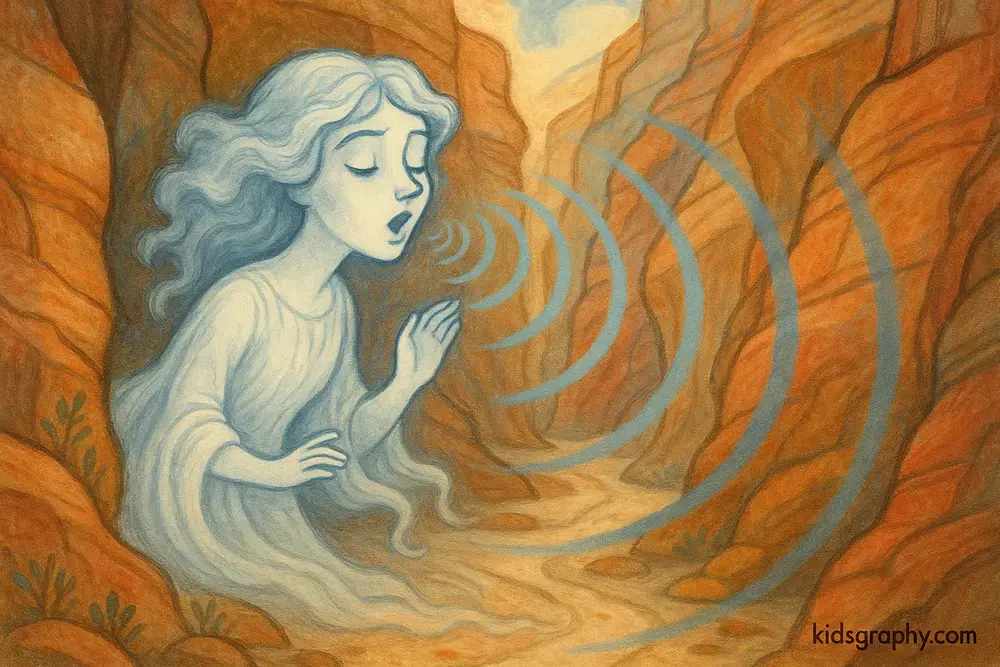 Echo’s voice echoing in a canyon, symbolic of loss